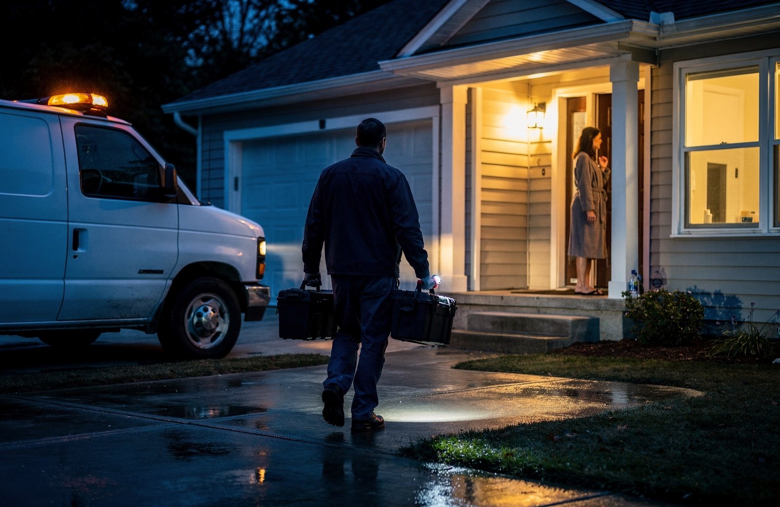 A technician walking up to a lit porch at night, service van in the driveway