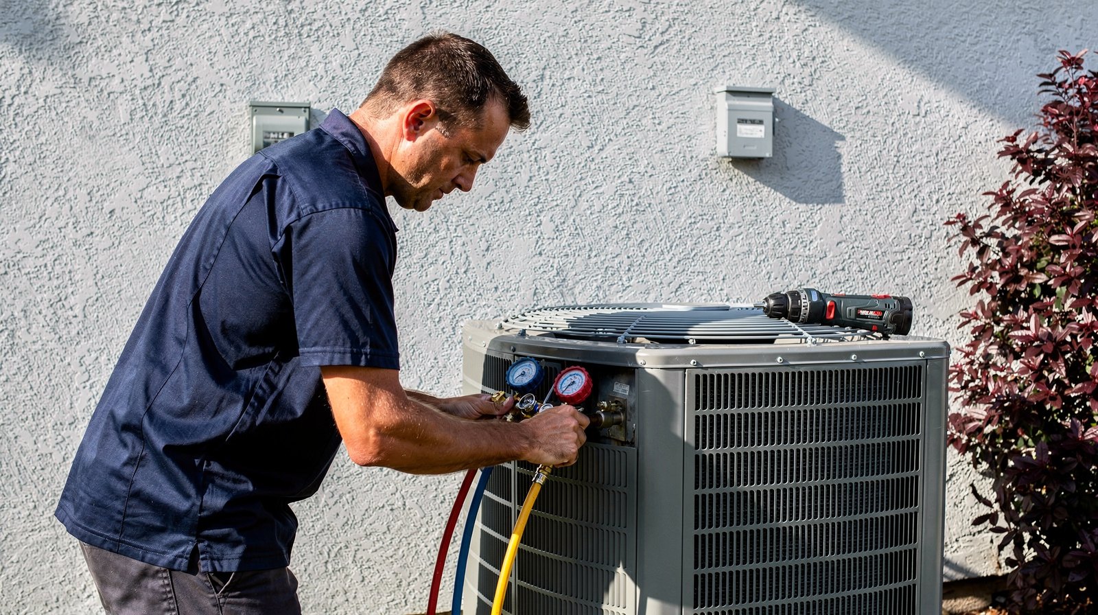 An HVAC technician connecting manifold gauges to a residential condenser unit